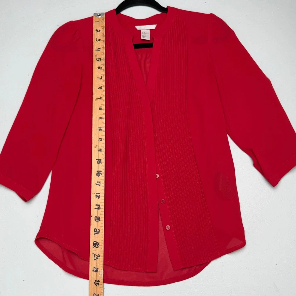 H&M Blouse Womens Sz 4  Red Pintuck‎ Pleated 3/4 Sleeve Top Office Siren Office - Picture 6 of 12